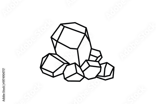 A minimalist black and white illustration depicts a cluster of geometric crystalline shapes high quality professional