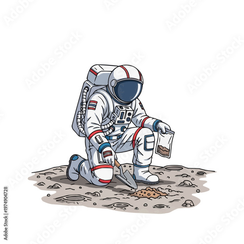 An astronaut on the surface of the Moon with a shovel and a sample container