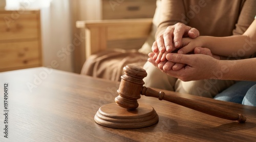 Symbolic Interlocked Family Hands Behind Sharply Focused Gavel