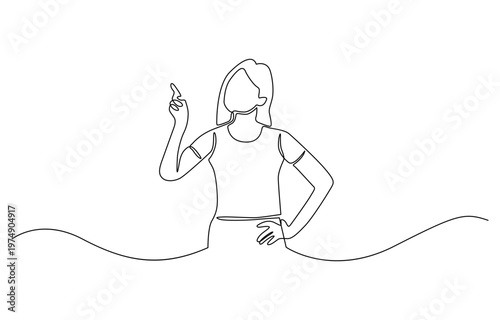 Continuous one line drawing of woman pointing away hands together and showing or presenting something while standing and smiling. Woman pointing to the side presenting something.