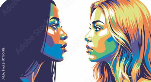 Friendship Day Two women facing each other in vibrant pop art vector illustration with contrasting colorful profile portraits on white background