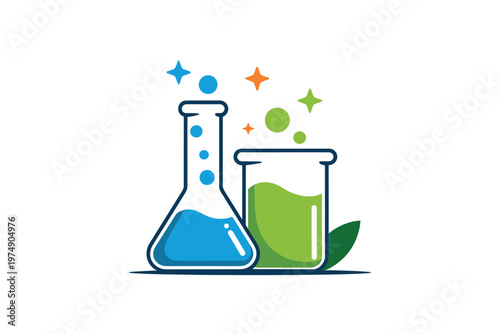 A colorful illustration depicts laboratory glassware including a flask and beaker surrounded by sparkling stars