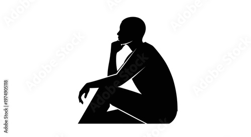 Silhouette of a person sitting and thinking, isolated on white background
