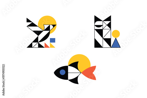 Geometric abstract art depicts a bird fish and ambiguous shapes in a minimalist style high quality