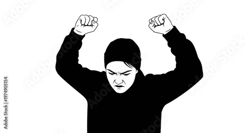 Angry young woman with clenched fists raised, expressing frustration and rage.