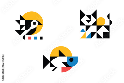 Abstract geometric designs featuring a bird cat and fish utilizing bold colors and shapes high quality
