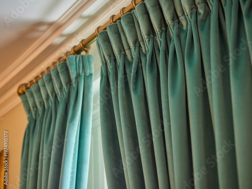 Close-up of heavy velvet curtains in deep green color hanging from a high rod in a classic interior, folds and texture detailed