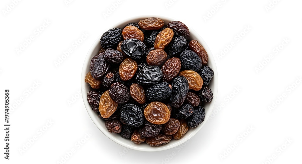 Obraz premium A bowl of mixed brown and black raisins on a white background.