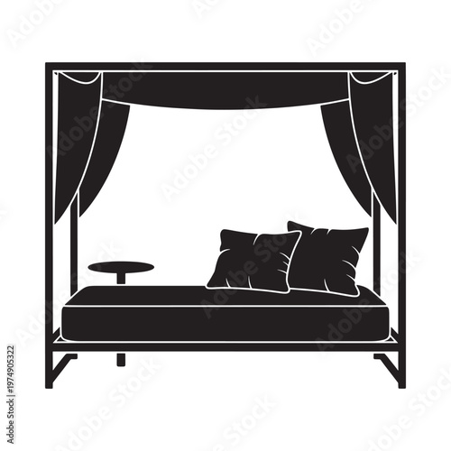 Black silhouette of a canopy daybed with pillows and small table