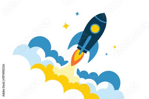 A cartoon rocket ship ascends through fluffy clouds with bright stars depicting space exploration high quality
