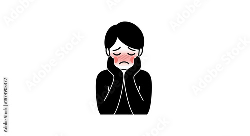 Person with blushing cheeks and hands on face, feeling embarrassed or shy