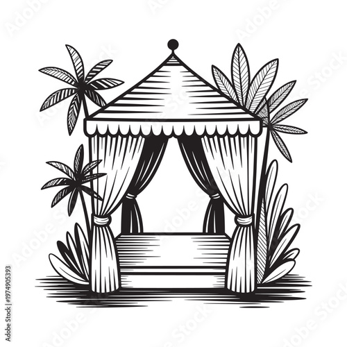 Vintage black and white illustration of a gazebo with palm leaves