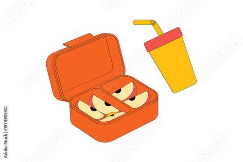 A colorful illustration depicts an open orange lunchbox containing sliced apples and a drink high quality