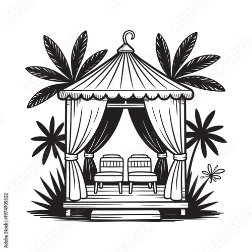 Black and white illustration of a tropical gazebo with seating