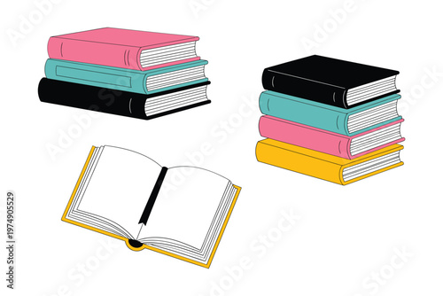 A colorful illustration depicts several stacks and an open book showcasing different book designs high quality