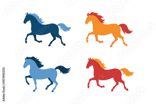 Four stylized horses in different colors blue orange light blue and red are depicted in motion