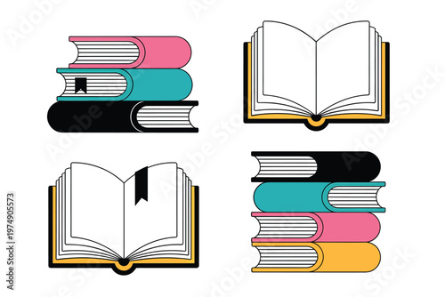 A collection of illustrated books in various colors and orientations showcasing reading and knowledge high quality