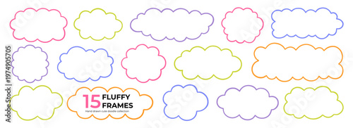 Cloud fluffy frames and text boxes doodle set. Hand drawn rectangle label borders and cute bubble shapes. Vector illustration isolated on transparent background