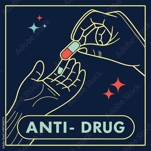 Anti drug concept passing capsule between hands with stars drug prevention awareness