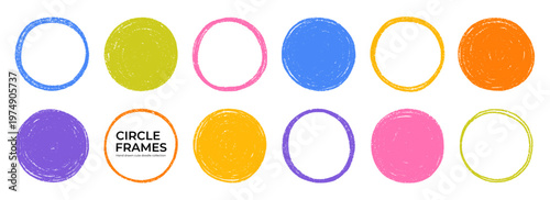 Circle crayon frame and chalk handwriting round border doodle set. Line color text box with childish pencil texture. Hand drawn vector illustration isolated on transparent background