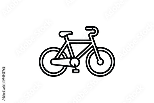 A simple black and white line drawing depicts a classic bicycle with visible wheels and handlebars