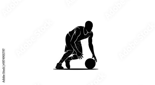 Silhouette of a basketball player dribbling the ball on a white background