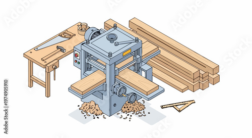 Professional Wood Planer Machine Isometric Illustration with Workshop Tools, Lumber Stack, and Woodworking Equipment