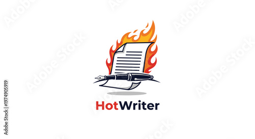 Creative logo for HotWriter featuring a white paper sheet on fire with a professional fountain pen placed in front.