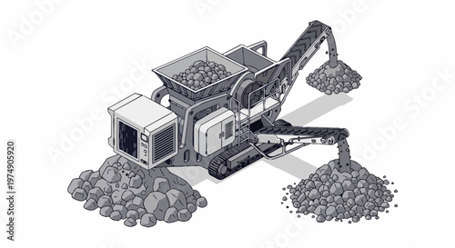Isometric Mobile Rock Crusher Machine Illustration for Industrial Mining and Construction