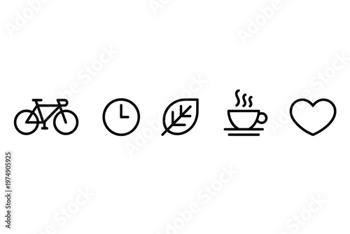A collection of simple black line icons depicting a bicycle clock leaf coffee and heart