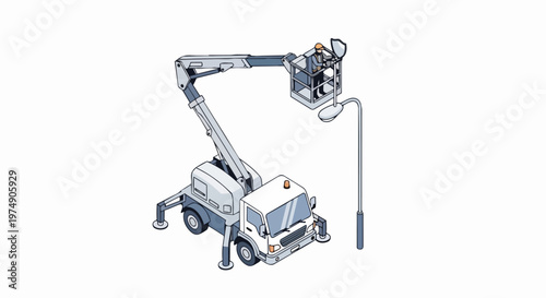 Isometric Aerial Lift Bucket Truck with Technician Repairing a Street Light - Utility Maintenance Concept