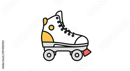 Vintage style roller skate with white boot yellow accents and black wheels isolated on a plain white clean background.