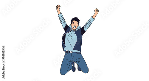 Happy young man in a blue jacket and denim jeans jumping high with arms raised in a gesture of success and great joy.