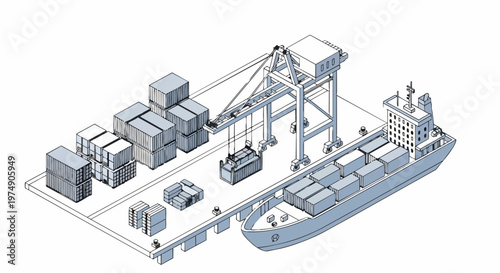 Isometric Logistics Port Illustration with Cargo Ship and Container Crane
