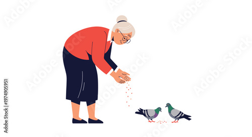 Elderly woman with gray hair wearing a red sweater and dark skirt is bending over to feed two small pigeons in a park.