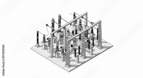 Isometric 3D Line Art Illustration of an Electrical Substation Power Grid Infrastructure Component on White Background