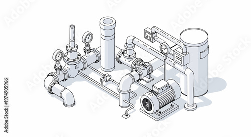 Isometric Industrial Pipeline System with Electric Motor and Pressure Gauges Line Art Technical Illustration