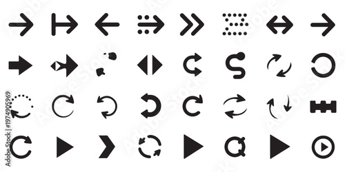 Assorted black vector arrow and media player icons with filled and dotted styles