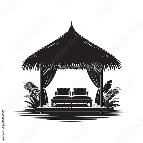 Black and white illustration of a thatched roof gazebo with lounge seating