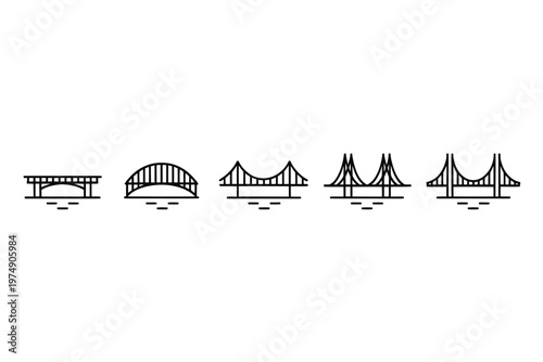 A series of minimalist line drawings depict the evolution of bridge designs over time high quality