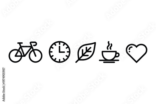 A collection of simple black line icons depicting a bicycle clock leaf drink and heart