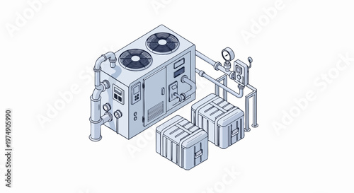 Industrial Chiller Cooling System Isometric Illustration with HVAC Equipment and Pipes
