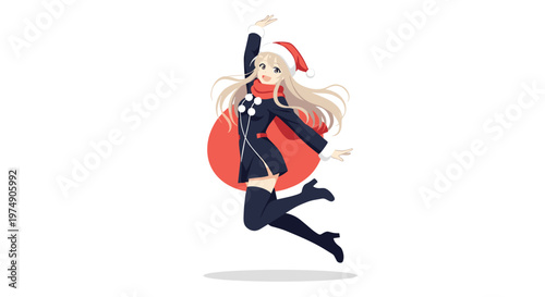 Cheerful anime girl in a stylish black and red Santa inspired outfit jumping joyfully with a large red sack of gifts.