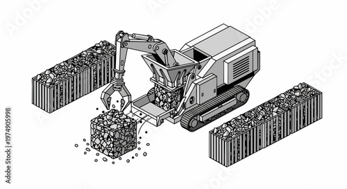 Isometric Industrial Rock Crusher and Recycling Machine Illustration. Heavy machinery for waste management, demolition debris processing, and construction site material sorting.