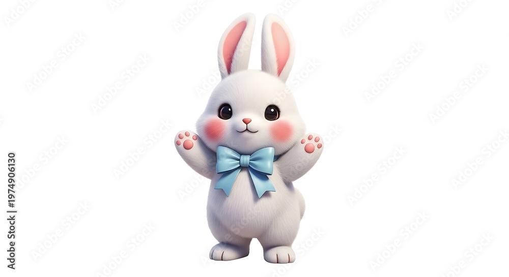 Obraz premium Cute white rabbit with blue bowtie standing.