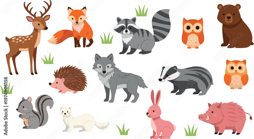 Naklejka premium Cute Forest Animals Collection with Fox, Deer, Bear, Raccoon, Owl, Wolf, Rabbit and More Adorable Flat Vector Wildlife Illustrations for Kids Design.