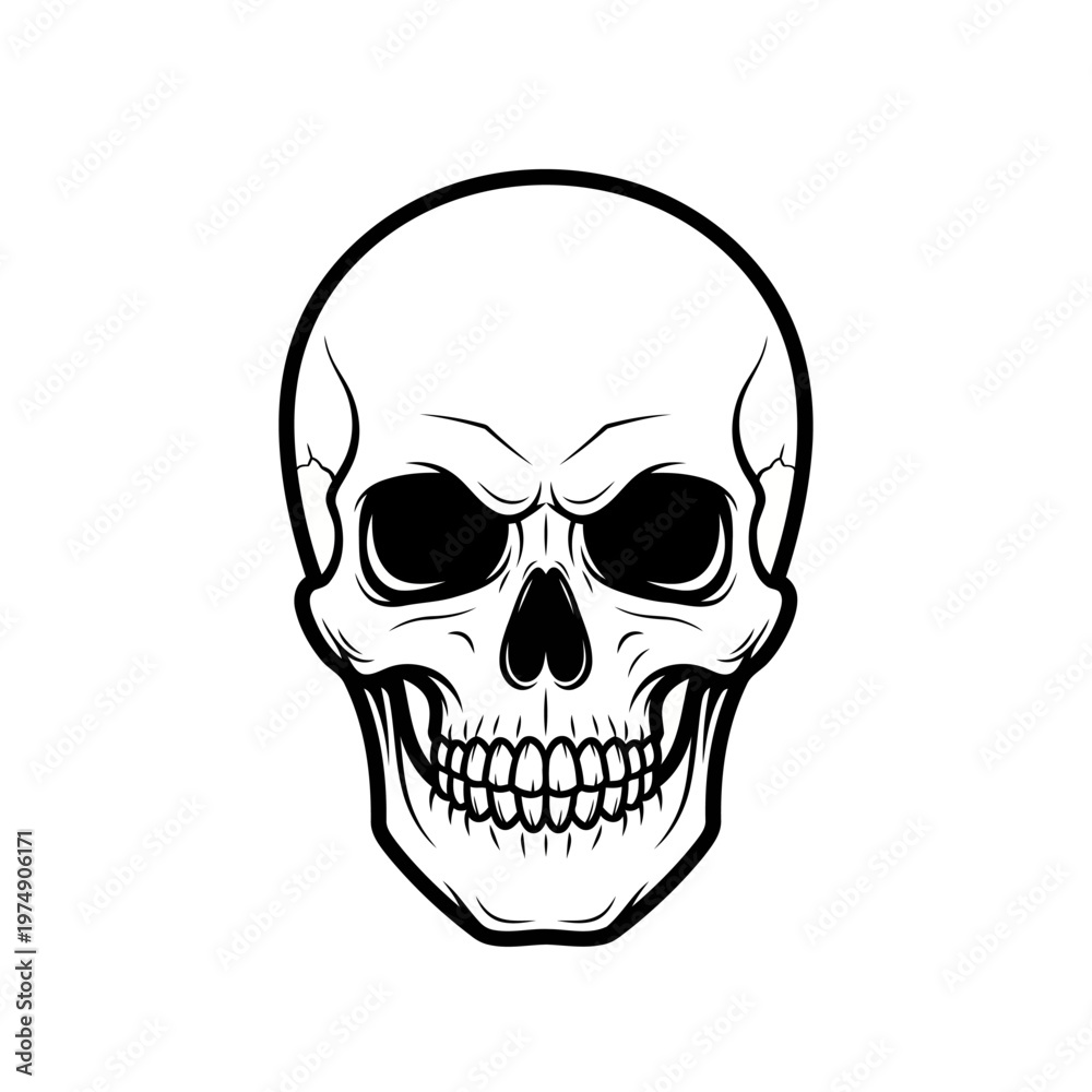 Fototapeta premium A black and white illustration of a human skull with a menacing grin