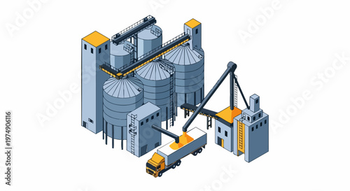 Isometric Industrial Grain Silo Complex and Agricultural Storage Facility with Cargo Truck Loading Harvest