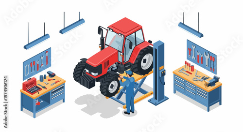 Isometric Illustration of a Red Tractor Undergoing Maintenance in a Professional Repair Workshop with a Mechanic and Tools