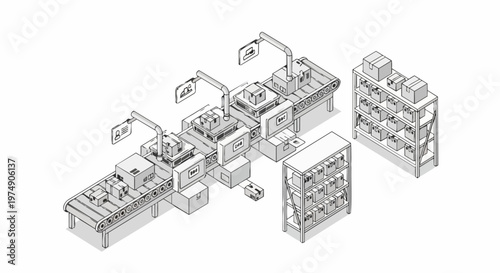 Isometric Line Art of Automated Warehouse Conveyor Belt and Logistics Center with Scanning Stations and Inventory Shelving